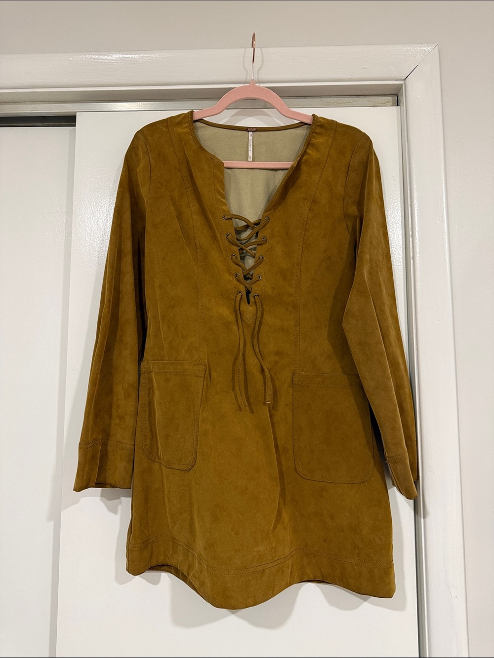 Free People Lace-Up Suede Tunic Dress in Mustard